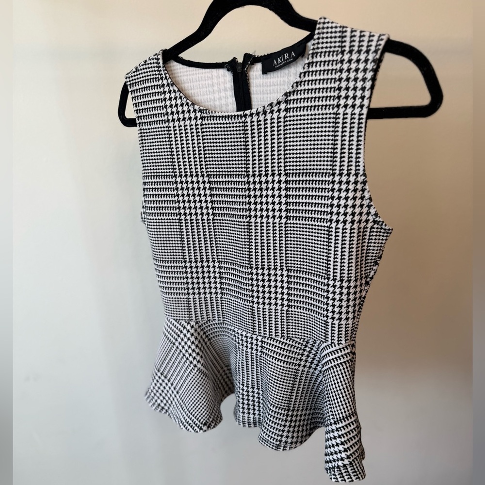 AKIRA Black and White Plaid Peplum Tank Top
